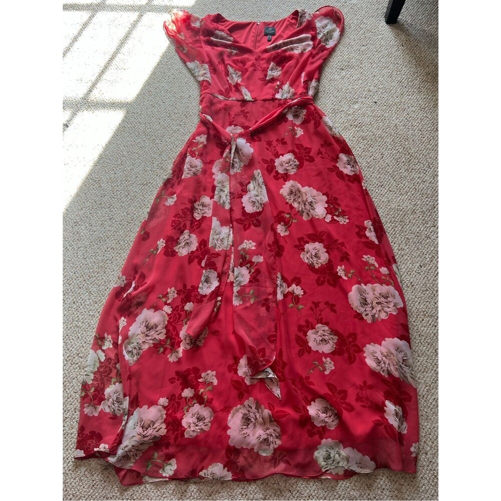Adrianna Papell 16W Flowy A-Line Red Pink Floral Maxi V-neck